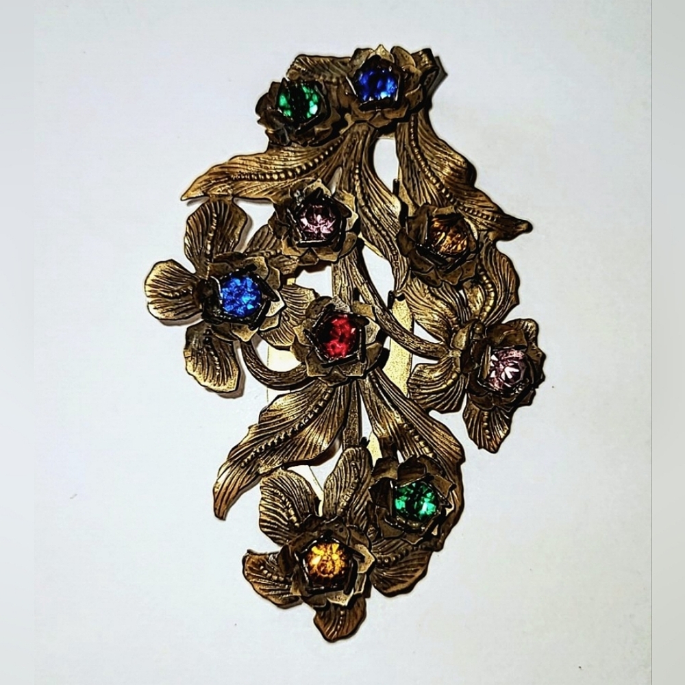 VINTAGE DRESS CLIP - FLOWERS & LEAVES with MULTI-COLORED STONES